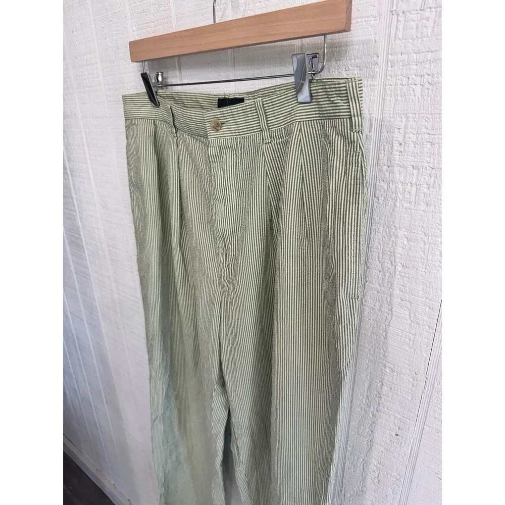 J.Crew Pleated Trousers Mens Green White Seersucker Striped Cotton Pants 33